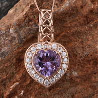 Rose Gold / Sterling Silver Rose De France AMETHYST & White Zircon Heart Halo Pendant & Chain