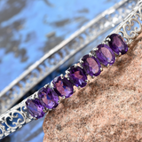 Stainless Steel Openwork AMETHYST 7 Stone Hinged Bangle Bracelet (7.25 in)