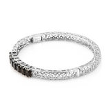 Stainless Steel Openwork Smoky Quartz 7 Stone Hinged Bangle Bracelet (7.25 in)