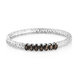 Stainless Steel Openwork Smoky Quartz 7 Stone Hinged Bangle Bracelet (7.25 in)