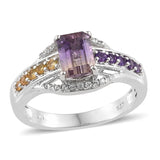 Platinum Sterling Silver AMETRINE & Multi Gemstone 2.2 ct Ring (Size 7)