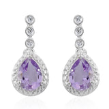 Sterling Silver Pear Shaped Rose De France AMETHYST & White CZ Halo Drop Earrings