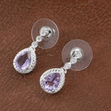 Sterling Silver Pear Shaped Rose De France AMETHYST & White CZ Halo Drop Earrings