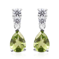 Sterling Silver PERIDOT & White CZ Pear Shaped Drop Post Earrings