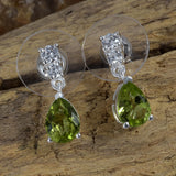 Sterling Silver PERIDOT & White CZ Pear Shaped Drop Post Earrings