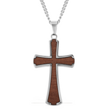 Stainless Steel Siam Rosewood Enameled Wood Cross Pendant, Ring and Chain Set