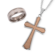 Stainless Steel Birch Wood Enameled Cross Pendant, Ring and Chain Set