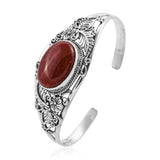 Handcrafted Sterling Silver Red JADE Open Floral Leaf Style Cuff Bracelet