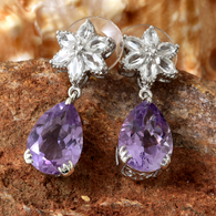 Platinum over Sterling Silver Pear Rose De France AMETHYST & Topaz Flower Drop Earrings