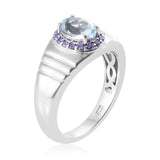 Platinum over Bond Brass 1.4ct Sky Blue TOPAZ & Purple CZ Halo Unisex Ring