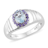 Platinum over Bond Brass 1.4ct Sky Blue TOPAZ & Purple CZ Halo Unisex Ring