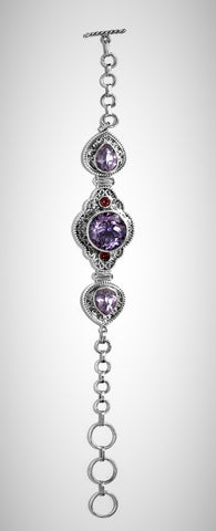 Sterling Silver Rose De France Amethyst & Garnet Toggle Closure Bracelet (7.25 in)