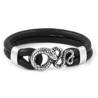 Oxidized Stainless Steel and Black Genuine Leather Snake Bracelet 8 inches