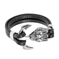 Oxidized Stainless Steel and Black Genuine Leather Wolf Head Bracelet 8 inches