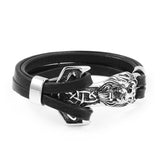 Oxidized Stainless Steel and Black Genuine Leather Lion Head Bracelet 8 inches