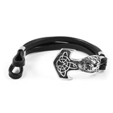 Oxidized Stainless Steel and Black Genuine Leather Lion Head Bracelet 8 inches