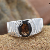 Platinum over Bond Brass Brazilian SMOKY QUARTZ Men's Ring (Size 10)