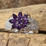 Platinum over Sterling Silver AMETHYST and White TOPAZ Floral Cluster Ring