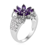 Platinum over Sterling Silver AMETHYST and White TOPAZ Floral Cluster Ring