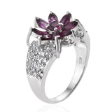 Platinum over Sterling Silver Rhodolite GARNET and White TOPAZ Floral Cluster Ring