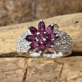 Platinum over Sterling Silver Rhodolite GARNET and White TOPAZ Floral Cluster Ring