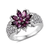 Platinum over Sterling Silver Rhodolite GARNET and White TOPAZ Floral Cluster Ring