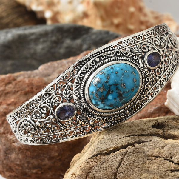 Handcrafted Sterling Silver Turquoise & Catalina Iolite Openwork Cuff Bracelet