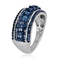 Blue Rhodium/Platinum Sterling Silver 1ct Blue DIAMOND Baguette/Round Band Ring