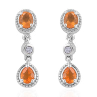 Platinum over Sterling Silver Mexican FIRE OPAL & Zircon Halo Drop Earrings