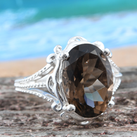 Sterling Silver Decorative Brazilian SMOKY QUARTZ Solitaire Split Shank Ring