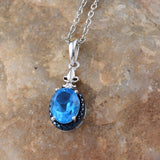 Platinum/Sterling Silver Caribbean Blue Quartz Halo Pendant & Chain 20"