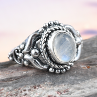 Sterling Silver Decorative Handcrafted Rainbow MOONSTONE Ring