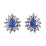 Platinum/Sterling Silver .75cts Pear Burmese SAPPHIRE & Zircon Halo Stud Earrings