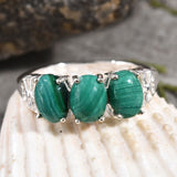 Sterling Silver African Malachite 3 Stone Trilogy Ring (Size 7)