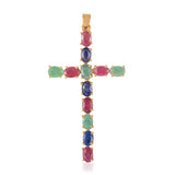 14k YG Sterling Silver SAPPHIRE, RUBY & EMERALD Cross Pendant