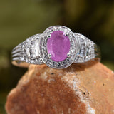 Platinum over Sterling Silver HOT Pink SAPPHIRE & ZIRCON Halo Ring (Size 10)