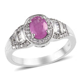 Platinum over Sterling Silver HOT Pink SAPPHIRE & ZIRCON Halo Ring (Size 10)