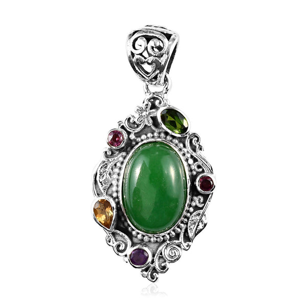 Artisan made Sterling Silver Green JADE & Multi Gemstones Pendant w/Chain