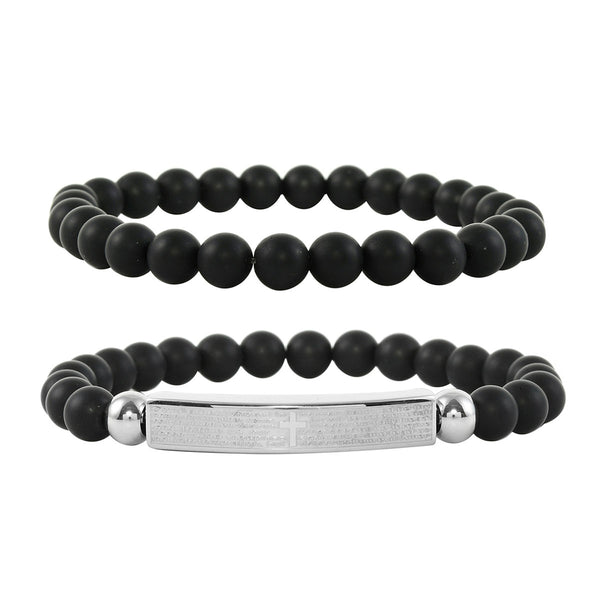 Set of 2 BLACK ONYX & BLACK ONYX The Lord's Prayer Stretch Beaded Bracelets