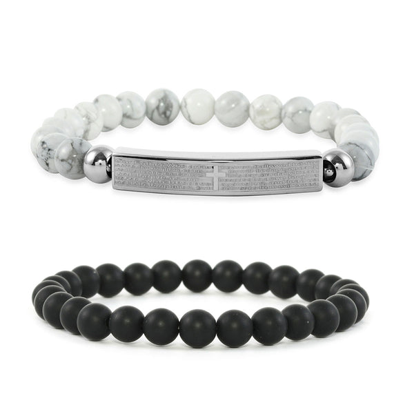 Set of 2 BLACK ONYX & WHITE HOWLITE The Lord's Prayer Stretch Beaded Bracelets