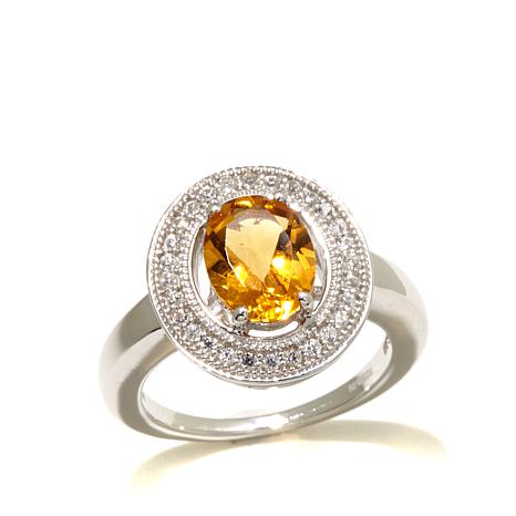 Rhodium over Sterling Silver Brazilian Sunshine Citrine and White Zircon Halo Ring