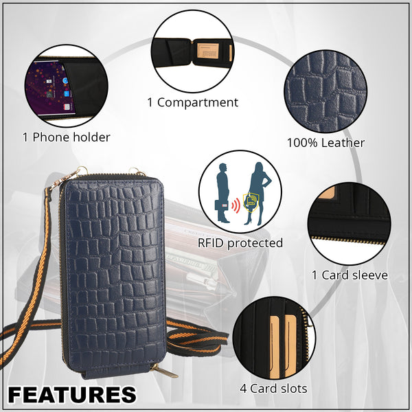 Genuine Leather Crocodile Embossed RFID Crossbody Bag & Phone Holder in NAVY BLUE