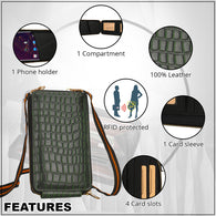 Genuine Leather Crocodile Embossed RFID Crossbody Bag & Phone Holder in DEEP GREEN