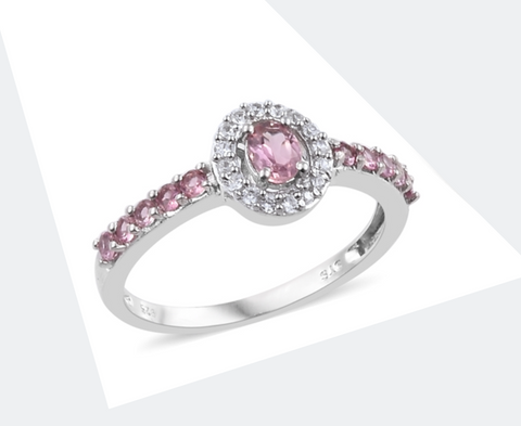 Platinum over Sterling Silver Pink TOURMILINE & ZIRCON Halo Ring