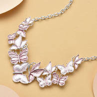 Pink Enameled Butterfly Necklace 20.5-22.5 Inches in Silvertone