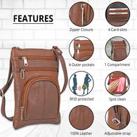 100% Genuine Leather Crossbody Messenger RFID Protected Bag in BROWN