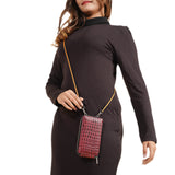 Genuine Leather Crocodile Embossed RFID Crossbody Bag & Phone Holder in RED/BURGUNDY