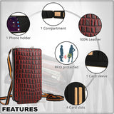 Genuine Leather Crocodile Embossed RFID Crossbody Bag & Phone Holder in RED/BURGUNDY