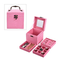 Velvet Three Layer Jewelry Box with Mirror, Handle and Lock In LIGHT PINK