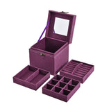 Velvet Three Layer Jewelry Box with Mirror, Handle and Lock In PURPLE